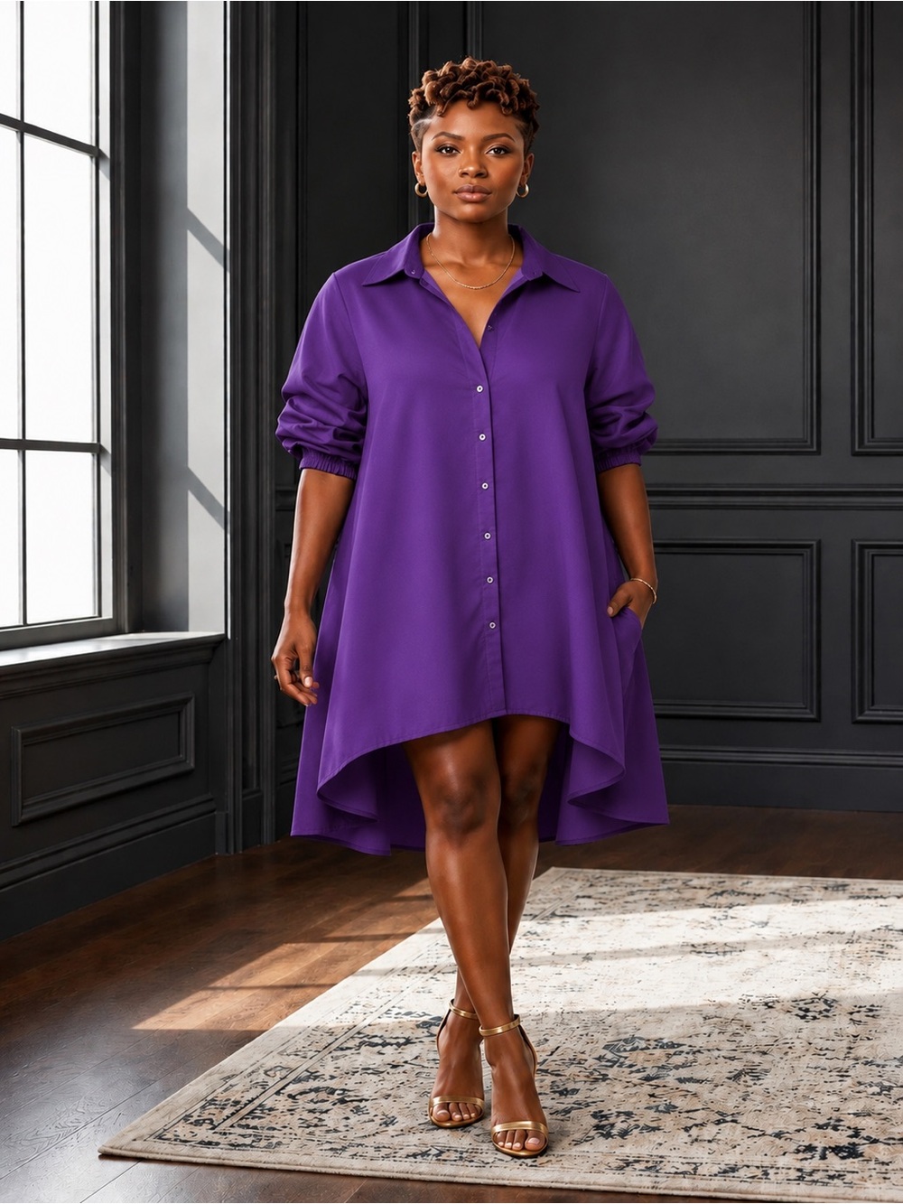 High-Low Button Front Shirt Dress in Purple